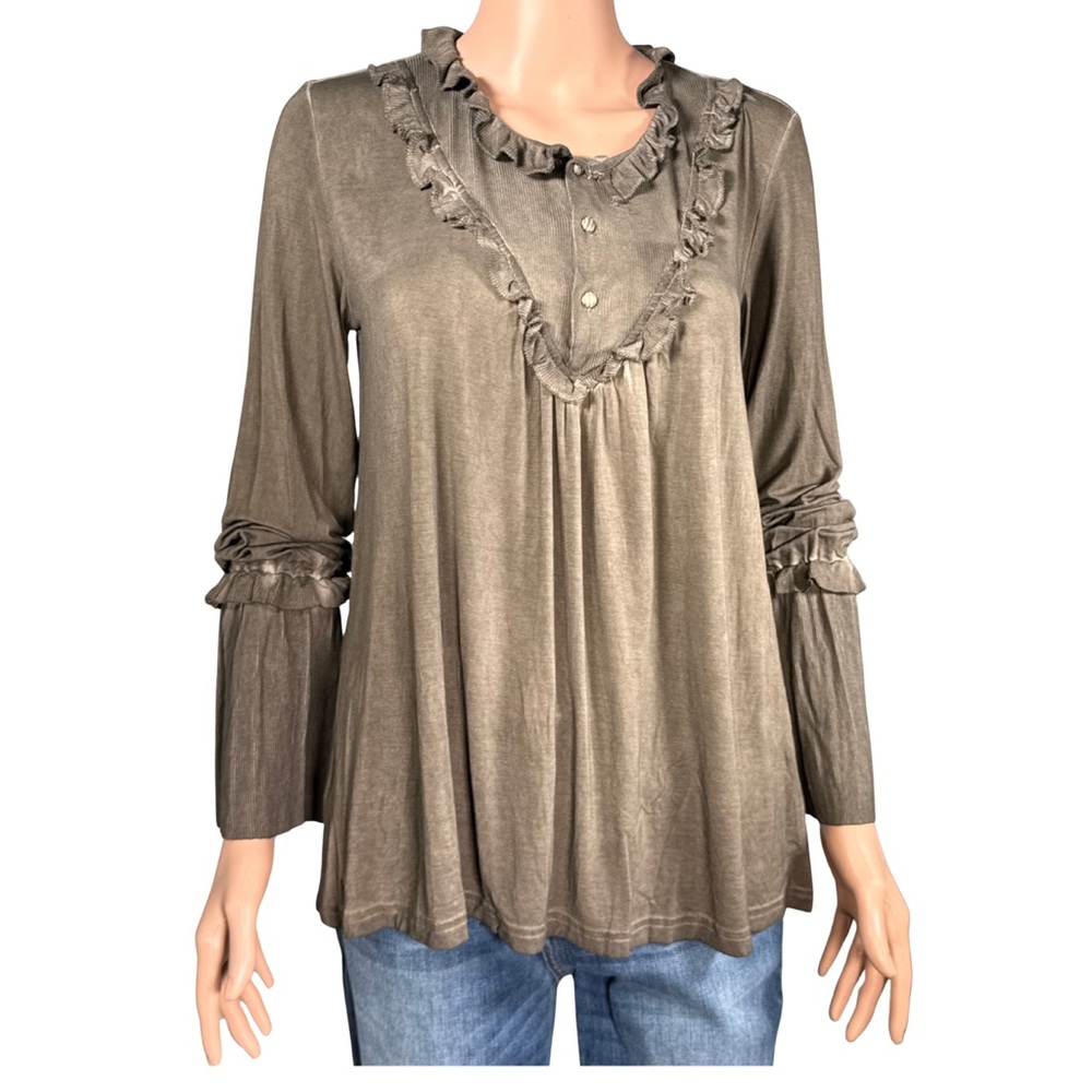 POL Clothing Olive Taupe Ruffle V Neck‎ Long Sleeve Ribbed Top SMT155 Small NWT